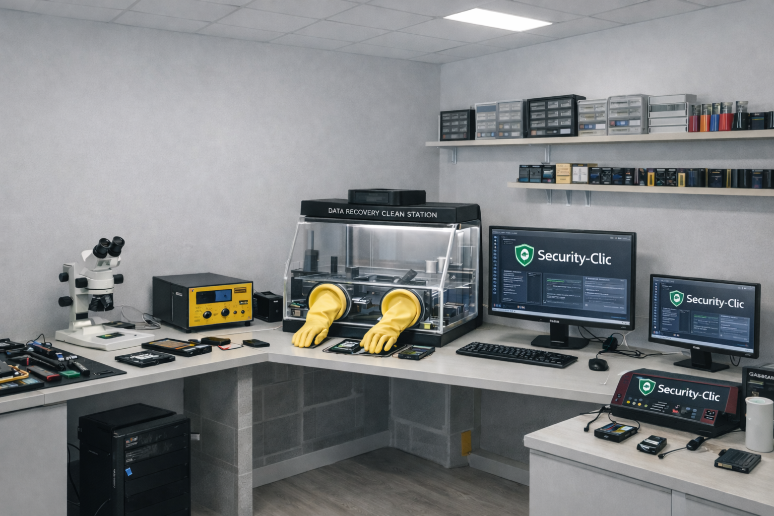 Atelier de récupération de données Security-Clic avec matériel spécialisé